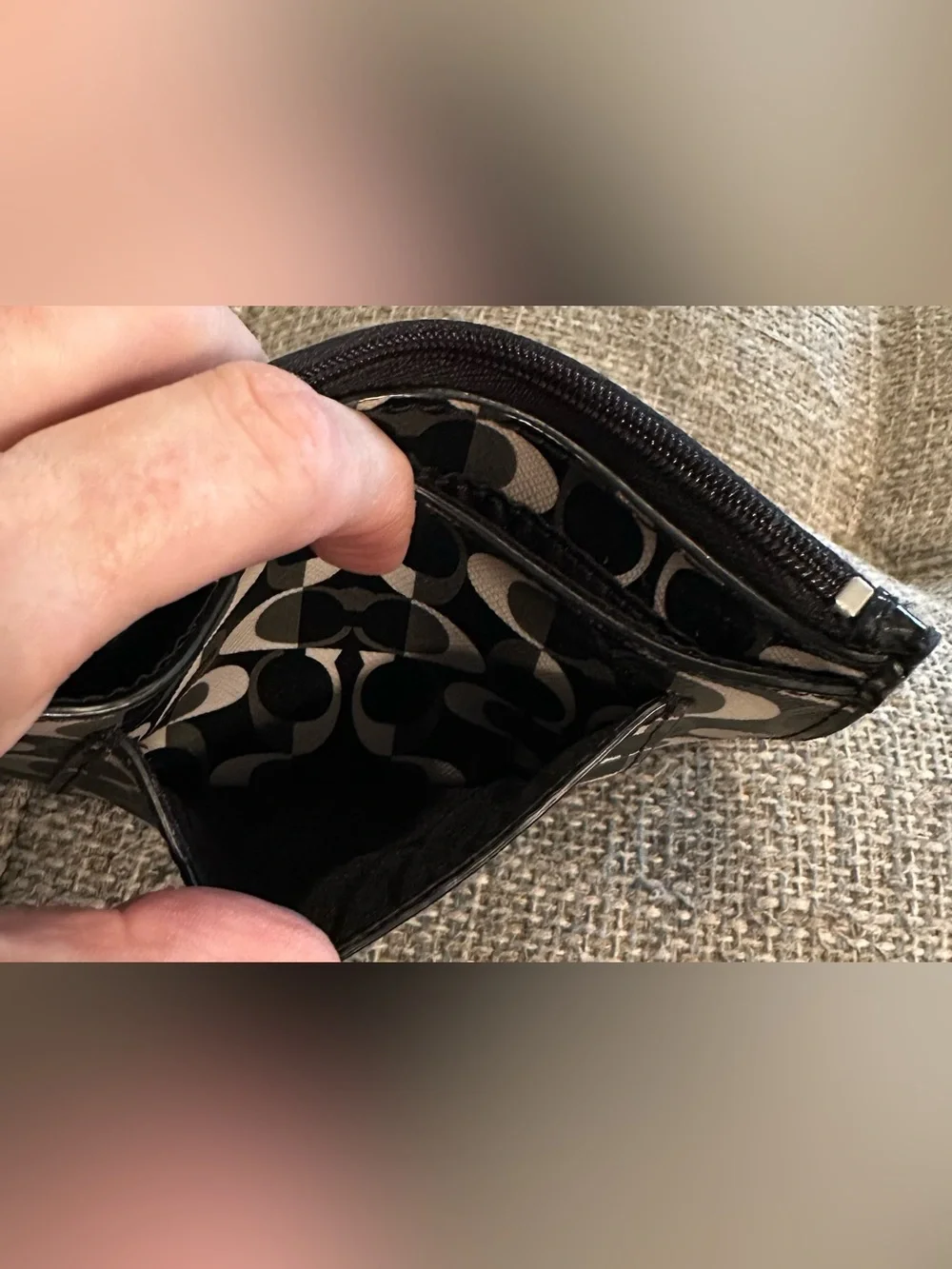 Coach Op Art Signature Zip Card Case Mini Skinny ID Wallet Black Gray White EUC